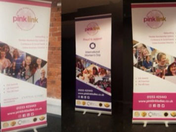 pink link network pull-up banners